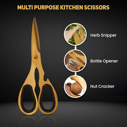 Luxury Silver & Gold Kitchen Knife Set with Block & Rod Sharpener – 8-Piece Titanium-Coated Stainless Steel Knives Set, Super Sharp Cutlery Tools, Stylish Knives Set for Kitchen