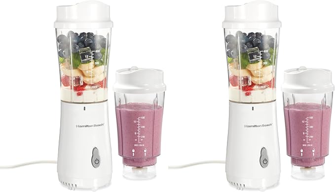 Hamilton Beach Portable Blender for Shakes and Smoothies,14 Oz BPA Free Travel Cup & Lid,Durable Stainless Steel Blades,Personal Smoothie Blender,2 Jars - White (51102V),(Pack of 2)
