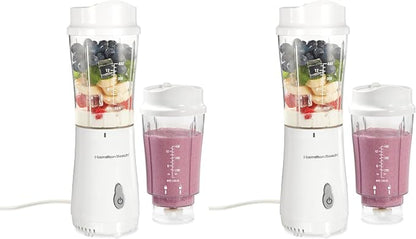 Hamilton Beach Portable Blender for Shakes and Smoothies,14 Oz BPA Free Travel Cup & Lid,Durable Stainless Steel Blades,Personal Smoothie Blender,2 Jars - White (51102V),(Pack of 2)