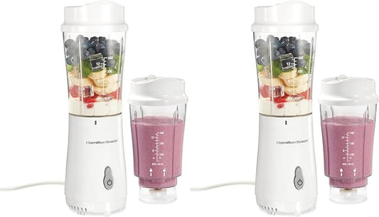 Hamilton Beach Portable Blender for Shakes and Smoothies,14 Oz BPA Free Travel Cup & Lid,Durable Stainless Steel Blades,Personal Smoothie Blender,2 Jars - White (51102V),(Pack of 2)