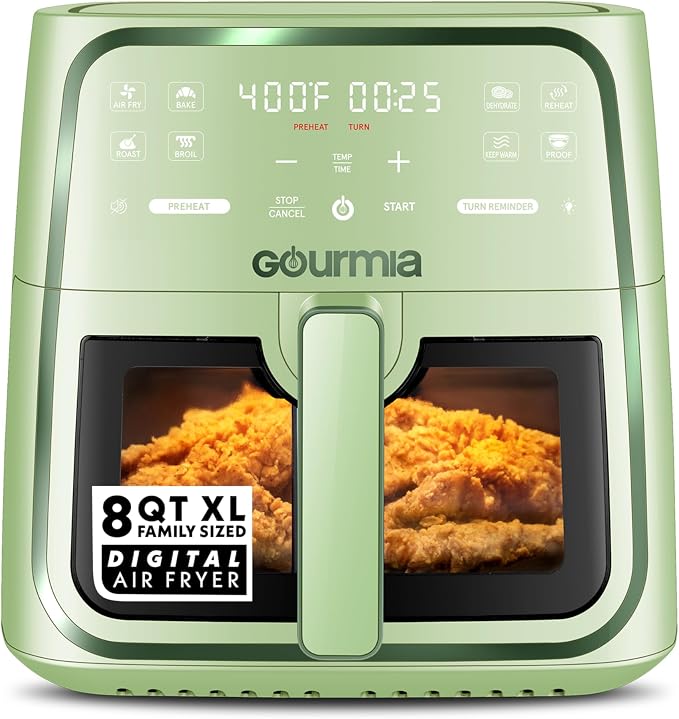 Gourmia 8 Qt Air Fryer, 8 Presets with Digital Display, FryForce 360° Technology, Easy View Window & Interior Light, Dishwasher Safe Basket, Green