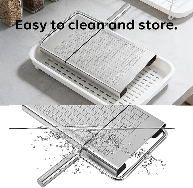 Multipurpose Stainless Steel Cheese Cutter, Bread Slicers with Precision Grid Scale and Anti Slip Base for Block Cheese, Butter, Bread, Sausages, Fruits, Kitchen Gadget Cheese Cutting Board