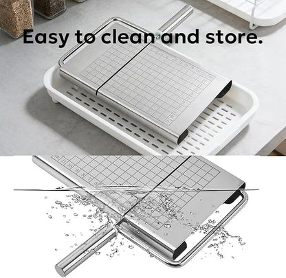Multipurpose Stainless Steel Cheese Cutter, Bread Slicers with Precision Grid Scale and Anti Slip Base for Block Cheese, Butter, Bread, Sausages, Fruits, Kitchen Gadget Cheese Cutting Board