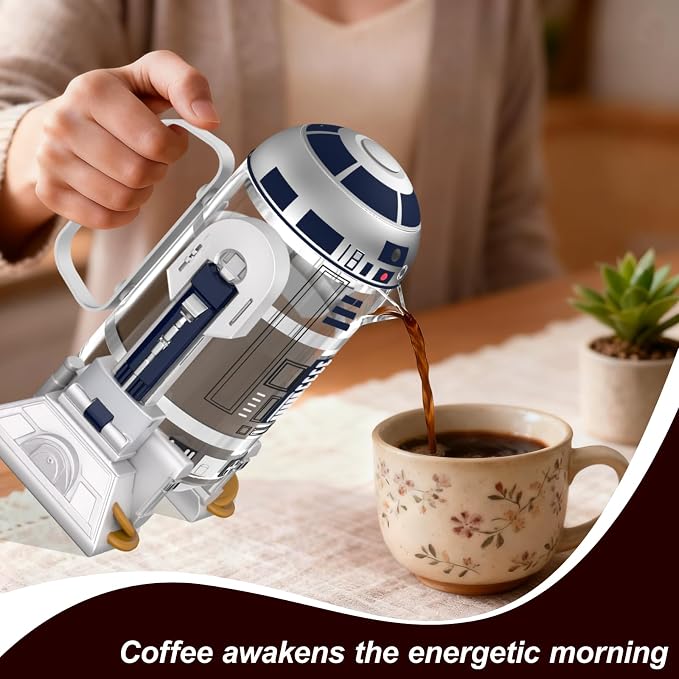 TEENKON French Press Insulated 304 Stainless Steel Coffee Maker, 32 Oz Robot R2D2 Hand Home Coffee Presser, with Filter Screen for Brew Coffee and Tea (White)