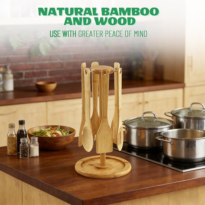 7 Piece Bamboo Wooden Kitchen Cooking Utensils Set Spoons for Eating Appliances and Gadgets with Holder, Home and Kitchen Essentials Gifts for People Who Love to Cook