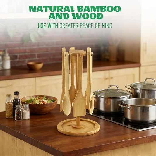 7 Piece Bamboo Wooden Kitchen Cooking Utensils Set Spoons for Eating Appliances and Gadgets with Holder, Home and Kitchen Essentials Gifts for People Who Love to Cook
