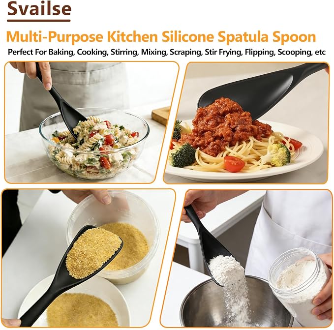 Scoop Spoon for Nonstick Cookwares, Multifunction Silicone Spatula Spoons BPA Free, Spurtle Spatulas for Mixing, Scooping, Scraping and Serving (2 Black, 12.6 inch)