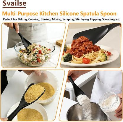 Scoop Spoon for Nonstick Cookwares, Multifunction Silicone Spatula Spoons BPA Free, Spurtle Spatulas for Mixing, Scooping, Scraping and Serving (2 Black, 12.6 inch)