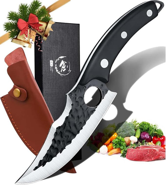 Huusk Japan Knife Upgraded Version, Fillet Caveman Viking Knives Handmade Butcher Boning Knife for Meat Cutting Kitchen Knife with Sheath for Home or Camping Outdoor, Gift for Fathers