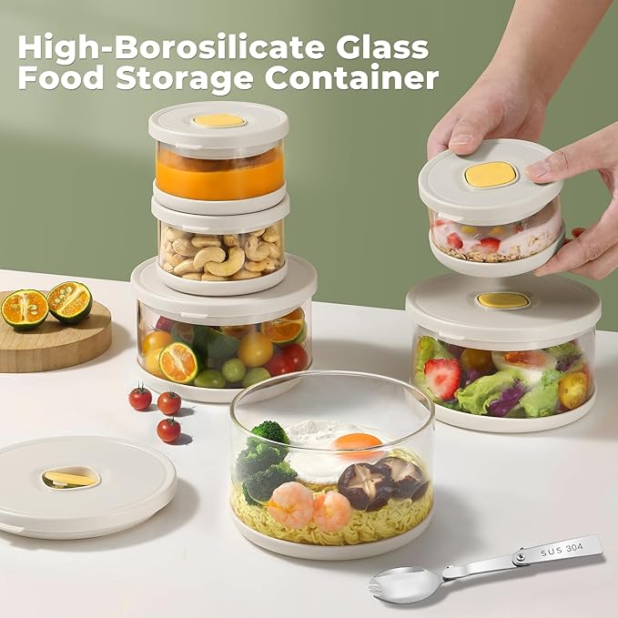 SAYAPE Glass Food Storage Containers with Airtight Lids, 33.8oz & 11.8oz High-Borosilicate Glass Meal Prep Containers with Spork, Bento Lunch Boxes for Salad, Ramen, Soup, Fruit - 2 Pack, White
