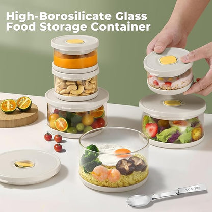SAYAPE Glass Food Storage Containers with Airtight Lids, 33.8oz & 11.8oz High-Borosilicate Glass Meal Prep Containers with Spork, Bento Lunch Boxes for Salad, Ramen, Soup, Fruit - 2 Pack, White