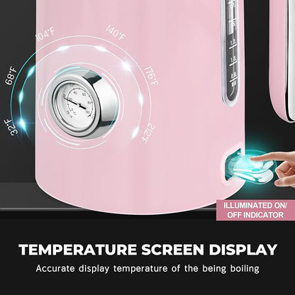 SUSTEAS Electric Kettle - 57oz Hot Tea Water Boiler with Thermometer, 1500W Fast Heating Stainless Steel Pot, Cordless LED Indicator, Auto Shut-Off & Boil Dry Protection, Pink