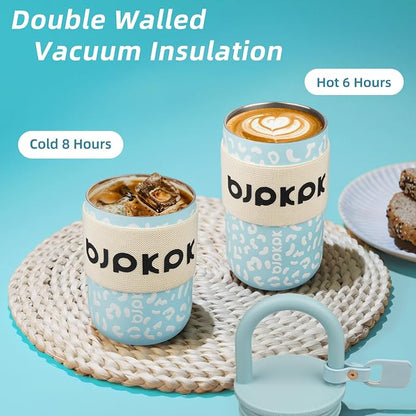 BJPKPK 10oz Insulated Stainless Steel Loop Tumbler With Lid And Handle Travel Coffee Mug Thermal Cup,Light Blue Leopard