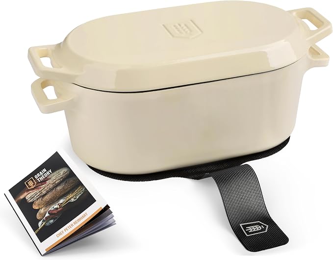 KooK Oval Loaf Shaped Cast Iron Dutch Oven for Bread Baking, 3.4 Qt Sourdough Dutch Oven with Lid, Enameled, Lid Lever, Dual Handles, Dishwasher Safe, 500°F Ivory