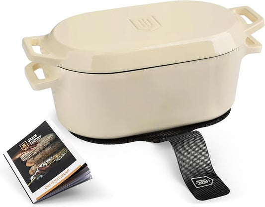 KooK Oval Loaf Shaped Cast Iron Dutch Oven for Bread Baking, 3.4 Qt Sourdough Dutch Oven with Lid, Enameled, Lid Lever, Dual Handles, Dishwasher Safe, 500°F Ivory