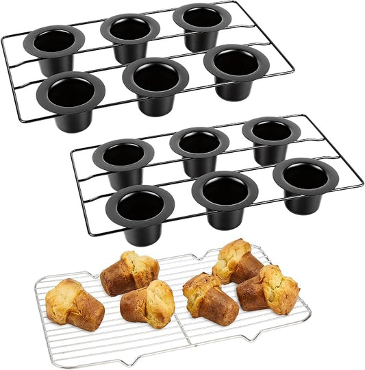 Nonstick Popover Pans, 2Pack Popover Baking Pans with Cooling Rack, 12-Cavity Pop Over & Yorkshire Pudding Pan, Individual Cups for Even Heating, Versatile for Cupcakes, Muffins, Brioche, Carbon Steel