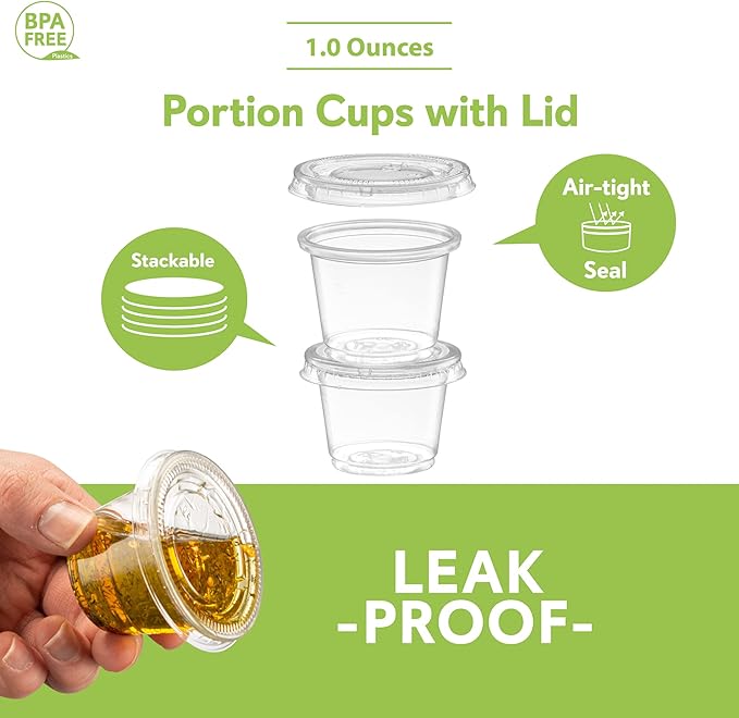 ELEGANT DISPOSABLES (1 oz - 100 Sets) Clear Diposable Plastic Portion Cups With Lids, Small Mini Containers For Portion Controll, Jello Shots, Meal Prep, Sauce Cups, Slime, Condiments,