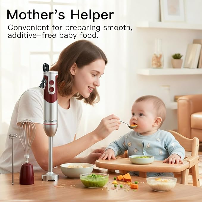 Megawise 3- in-1 Immersion Hand blender, Powerful MOTOR & Stainless Steel Stick Blender, 4 Sharp Blades with Whisk, Milk Frother Attachments