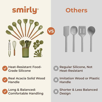 Silicone Kitchen Utensils Set & Holder: Cooking Utensils Set - Kitchen Essentials for New Home & 1st Apartment- Silicone Spatula Set, Cooking Spoons for Nonstick Cookware (Acacia Wood, Green)