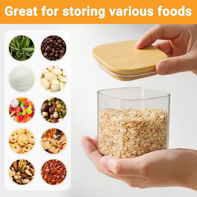 Square Glass Jars with Bamboo Lids, 12 Fl.oz Glass Storage Jars with Airtight Lids Set of 4, Clear Pantry Canister for Spice, Sugar, Coffee Bean, Tea, Oats - Included Labels, Marker and Spoon