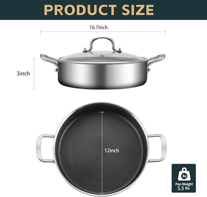 Yeksum Tri-Ply Stainless Steel 5 Quarts Saute Pan, 12.5 Inch Nonstick Skillet with lids, Hybird Large Frying Pan,18/10 Chef's Cooking Pan, Induction Pan, Dishwasher and Oven Safe