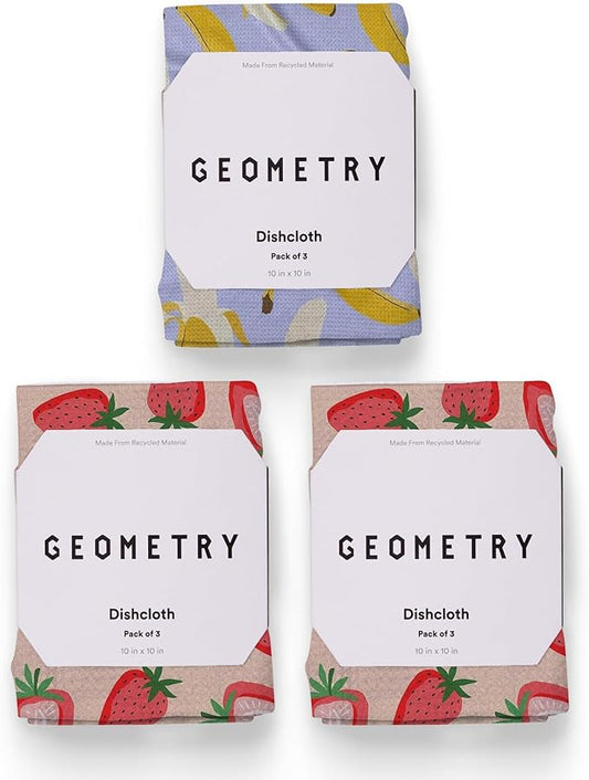 GEOMETRY Kitchen Dish Cloths - Spring & Summer Collection - Premium Dishcloths with Geoweave - Absorbent & Fast Drying Kitchen Towels - Strawberry Banana, 10" x 10" - 3-Pieces