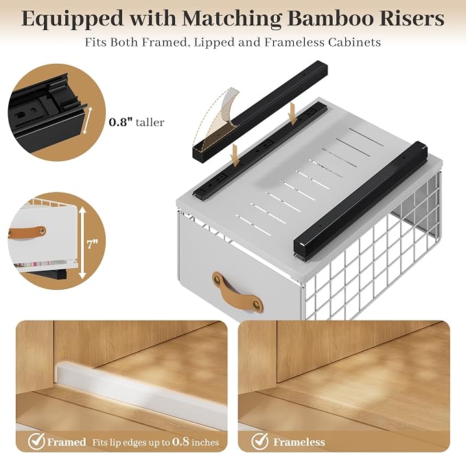 Pull Out Cabinet Organizer, No-Drill Pantry Drawers, Slide Out Shelves with Bamboo Risers for Lipped Cabinets,Ideal for Kitchen, Bathroom & Under Sink Storage (White, 13.8" Wide-21 Deep)