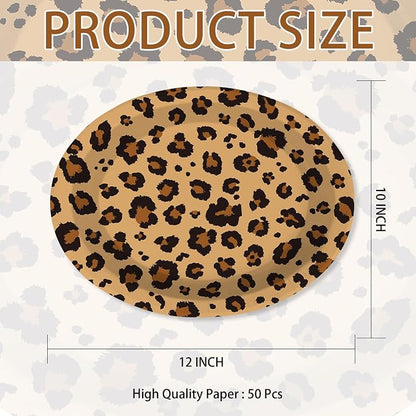 50Pcs Cheetah Print Oval Paper Plates 10" x 12" Large Disposable Heavy Duty Brown Leopard Print Paper Platter Safari Animal Leopard Dessert Plate for Cheetah Birthday Baby Shower Party Decorations