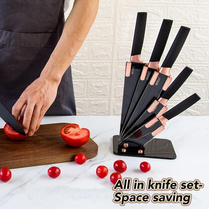 elabo 6 Piece Kitchen Knife Set – Premium Stainless Steel Knife Set with Block, Knives Set for Kitchen, Sharp Knife Block Set with Non-Stick Coating, Dishwasher Safe, Space-saving, Rose Gold