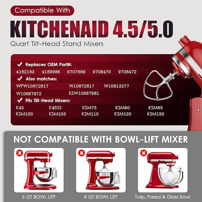 Stainless Steel Flat Beater for Kitchen Aid 4.5-5 Qt Tilt Head Mixers, Compatible Kitchenaid Paddle Attachment for Stir all of Mixtures|Durable and Heavy Duty Replacement