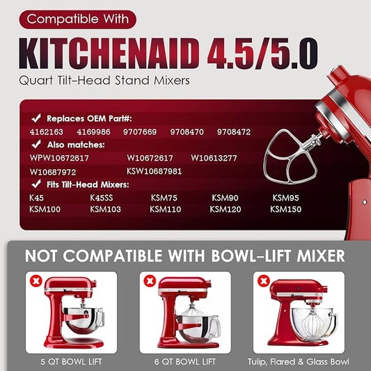 Stainless Steel Flat Beater for Kitchen Aid 4.5-5 Qt Tilt Head Mixers, Compatible Kitchenaid Paddle Attachment for Stir all of Mixtures|Durable and Heavy Duty Replacement