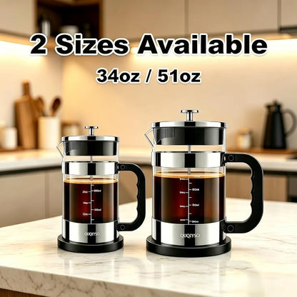 QUQIYSO French Press Coffee Maker, 2.5mm Thick Borosilicate Glass, 4 Layer Stainless Steel Filter, BPA Free Cold Brew Coffee Maker & Teapot, Durable Coffee Press for Home, Travel, 34oz, Silver