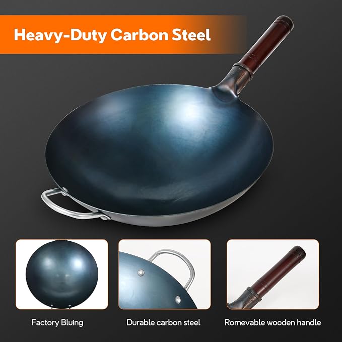 14 Inch Carbon Steel Wok with Lid, Round Bottom Wok Pan, Blue Pre-Seasoned Chinese Stir Fry Pan for Open Flame Cooking, Large Traditional Pow Wok for BBQ, Grill, Camping, Home Cooking