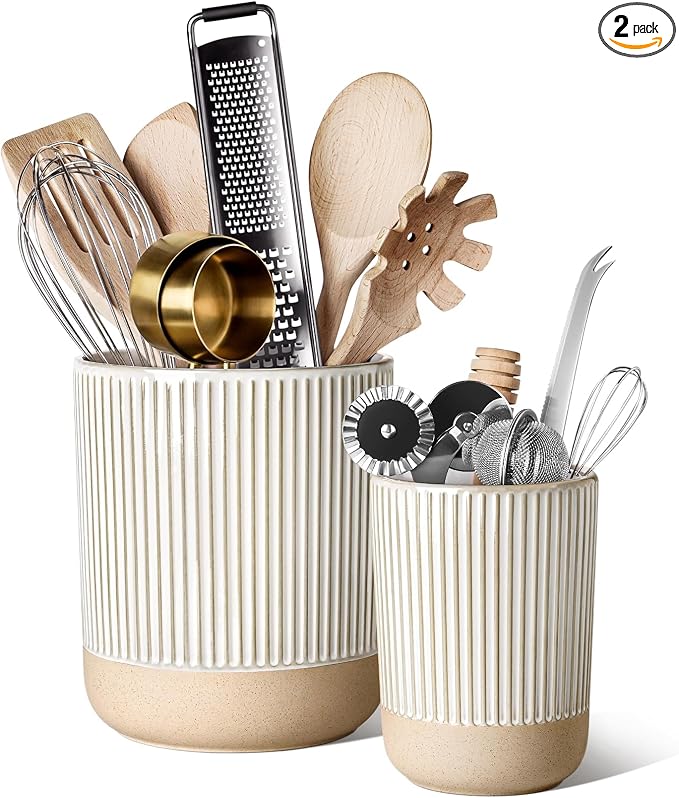 LE TAUCI Ceramic Kitchen Utensil Holder Set of 2 - 6.9"+5.3" Large Cooking Utensil Crock & Organizer for Spatula, Spoon, Whisk - Farmhouse Countertop Storage, Cream Beige, Line