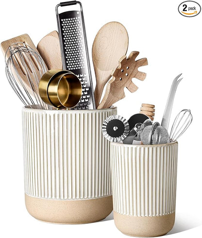 LE TAUCI Ceramic Kitchen Utensil Holder Set of 2 - 6.9"+5.3" Large Cooking Utensil Crock & Organizer for Spatula, Spoon, Whisk - Farmhouse Countertop Storage, Cream Beige, Line
