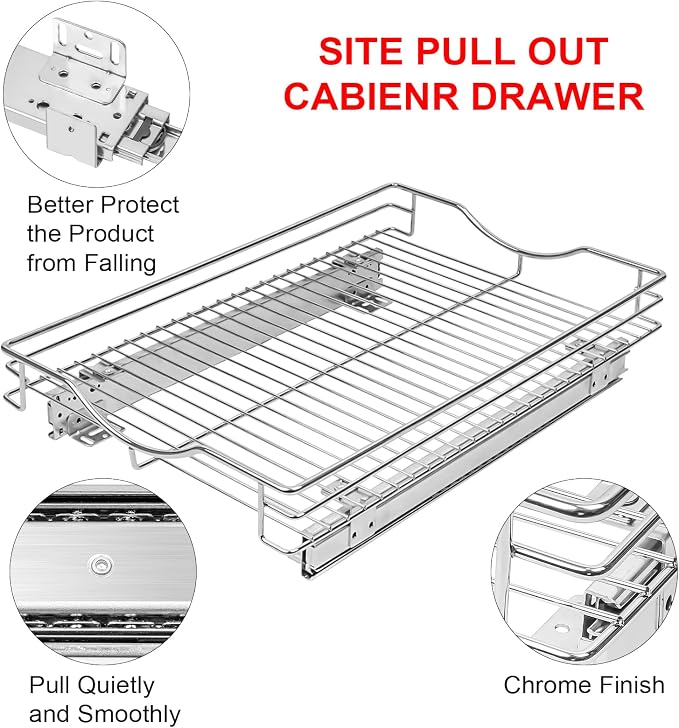 SITE Pull Out Cabinet Organizer 14" W x 21" D Heavy Duty Under Kitchen Cabinet Sliding Shelf,Requires At Least 15” Cabinet Opening, Chrome Finish