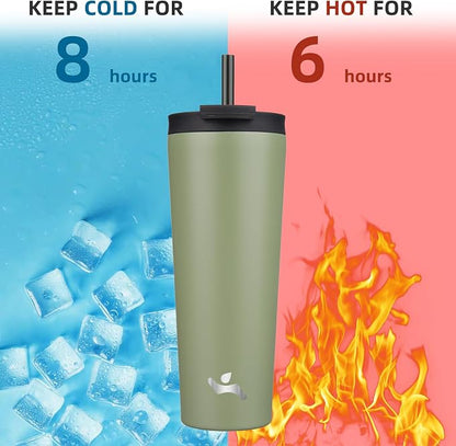 Konokyo 26 OZ Insulated Tumbler with Lid and 2 Straws Stainless Steel Water Bottle Vacuum Travel Mug Coffee Cup,ArmyGreen