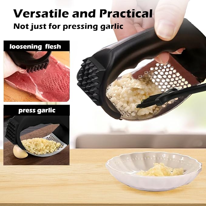 Stainless Steel Garlic Press Rocker Set with Garlic Peeler and Cleaning Brush, Garlic Mincer Tool Kitchen Gadgets Essentials