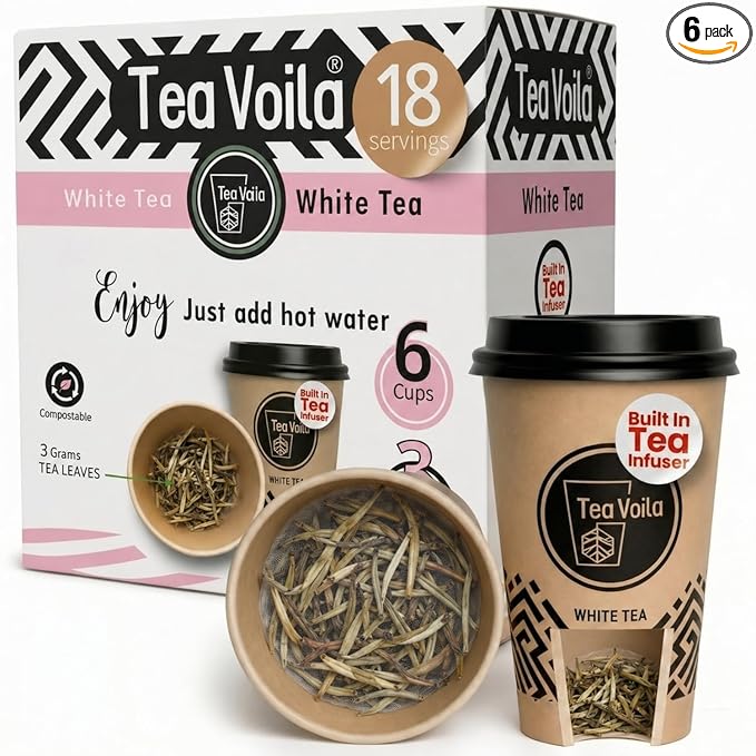 TeaVoila Instant Brew Tea in A Cup - Organic Loose Leaf White Tea – Tea Infuser Built In Biocompostable 6 Cups, Each Refillable 3x, 18 Servings in Total – No Tea Bags Needed, For Office & Travel