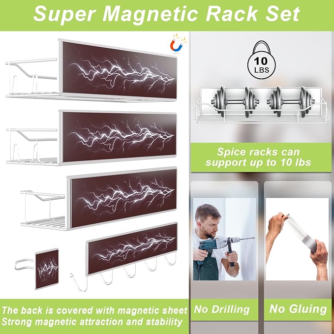 Magnetic Spice Rack for Refrigerator, 9 Pack Magnetic Fridge Shelves W/Adjustable Paper Towel Holder, Hook Rack, Moveable Spice Organizer Shelf for Kitchen Organization and Storage (White)