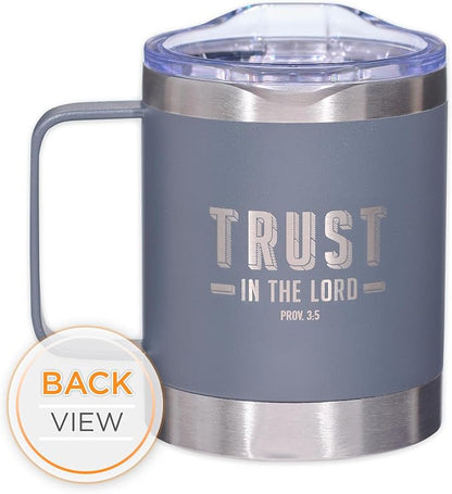 Christian Art Gifts Stainless Steel Double Wall Vacuum Insulated Camp Style Travel Mug 11 oz Gray Coffee Mug with Retractable Lid for Men/Women with Bible Verse- Trust In The Lord-Proverbs 3:5