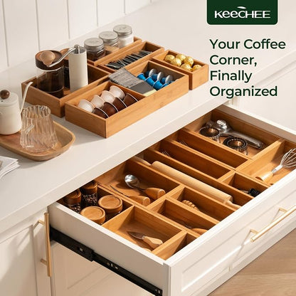 keechee 10-Piece Bamboo Drawer Organizer Set, 2.2" Deep Multi-Use Organizers for Utensils, Silverware, Cutlery, Desk, Bathroom, Junk Drawer & Makeup, Non-Slip Feet Included.