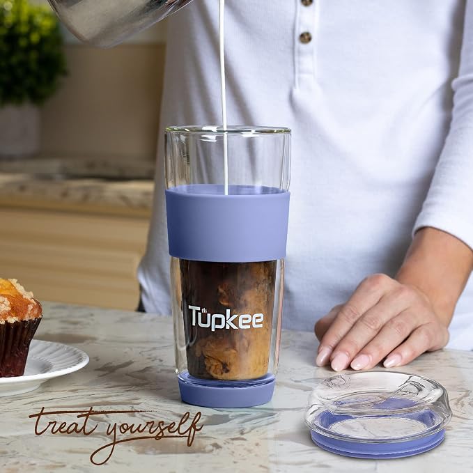 Double Wall All Glass Tumbler - 14-Ounce, Reusable Insulated Tea/Coffee Mug & Lid, Hand Blown Glass Travel Mug - Jacaranda - 2 Pack
