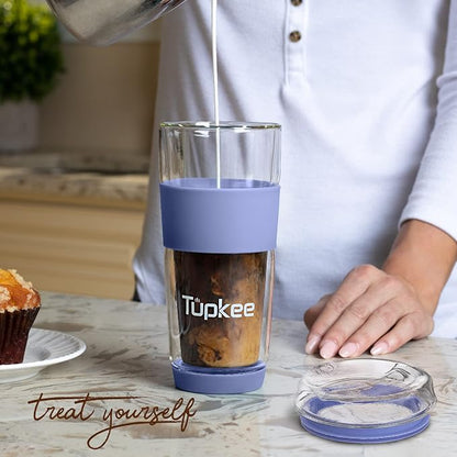Double Wall All Glass Tumbler - 14-Ounce, Reusable Insulated Tea/Coffee Mug & Lid, Hand Blown Glass Travel Mug - Jacaranda - 2 Pack