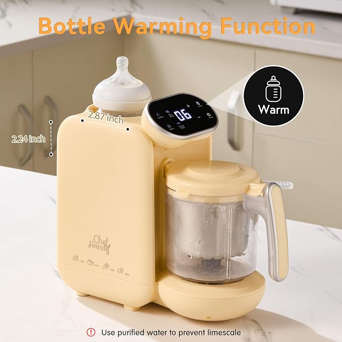 Chefhandy Baby Food Maker, Steamer & Blender with Stainless Steel Basket, Puree Maker with Auto/Manual Blend, Bottle Warmer & Sterili-zer, Safe & Easy-to-Clean Compact Baby Food Processor (Yellow)