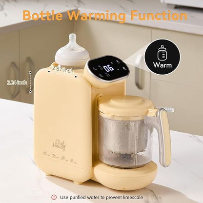 Chefhandy Baby Food Maker, Steamer & Blender with Stainless Steel Basket, Puree Maker with Auto/Manual Blend, Bottle Warmer & Sterili-zer, Safe & Easy-to-Clean Compact Baby Food Processor (Yellow)