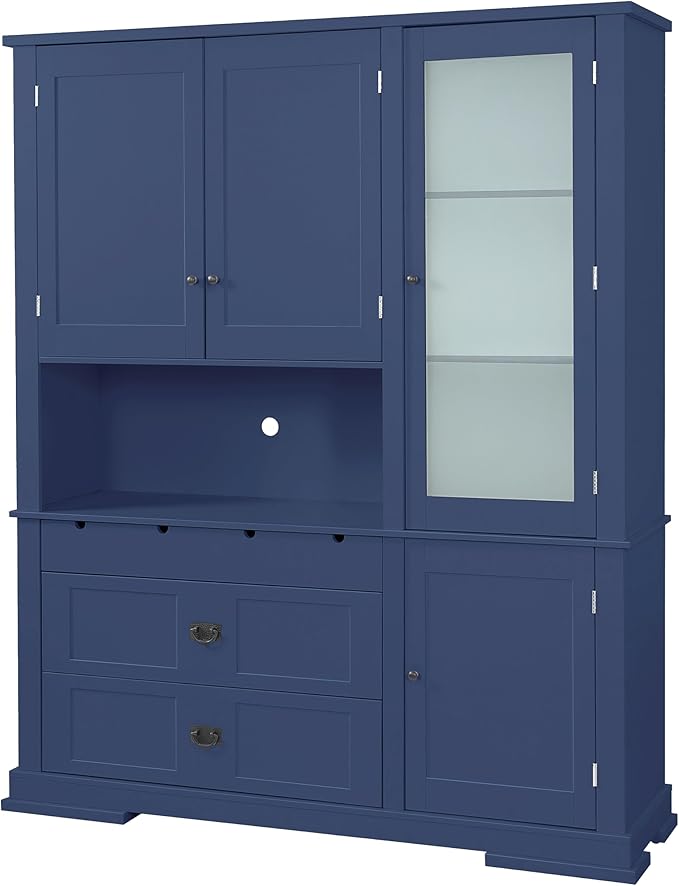 VilroCaz 78'' Tall Freestanding Kitchen Pantry with Hutch, Wooden Large Kitchen Storage Cabinet Cupboard with Drawers, Door Shelf and Adjustable Shelves for Dining Room Entryway (Blue-11.10)