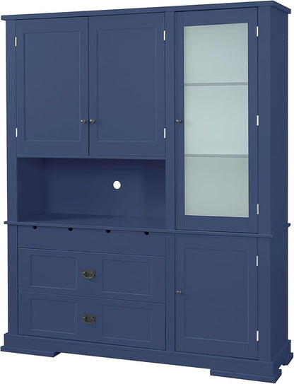 VilroCaz 78'' Tall Freestanding Kitchen Pantry with Hutch, Wooden Large Kitchen Storage Cabinet Cupboard with Drawers, Door Shelf and Adjustable Shelves for Dining Room Entryway (Blue-11.10)
