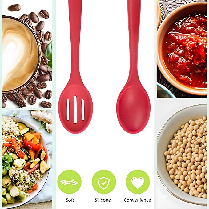 Silicone Cooking Spoons Set of 2,10.6 inch Non Scratch Solid and Slotted Spatula Spoons for Baking, Cooking, Serving, Dishwasher Safe, Heat Resistant Kitchen Utensils (Red)