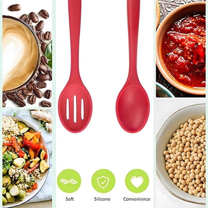 Silicone Cooking Spoons Set of 2,10.6 inch Non Scratch Solid and Slotted Spatula Spoons for Baking, Cooking, Serving, Dishwasher Safe, Heat Resistant Kitchen Utensils (Red)